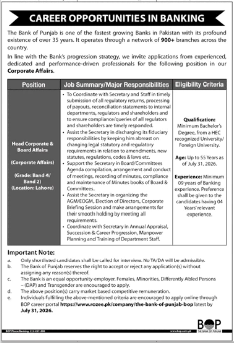 BOP Lahore Job